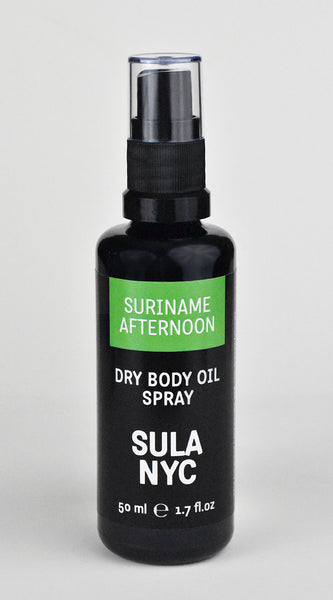 Black glass spray bottle Suriname Afternoon Dry Body Oil Spray 