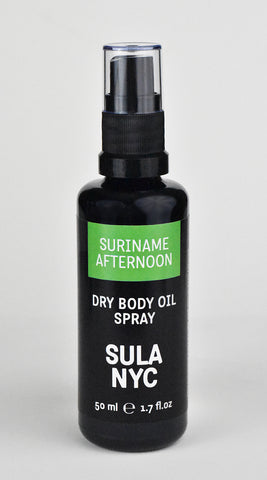 Black glass spray bottle Suriname Afternoon Dry Body Oil Spray 